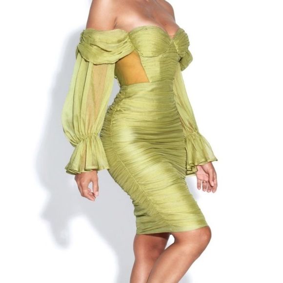 🔥Sirene Olive Silk Pleated Off Shoulder Dress - Picture 6 of 9